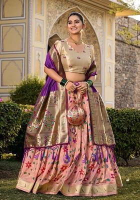 Peach Zari Woven Jacquard Lehenga Set