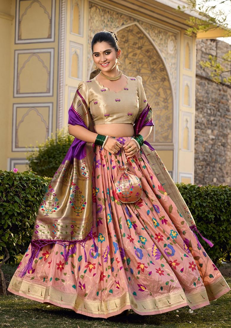 Peach Zari Woven Jacquard Lehenga Set