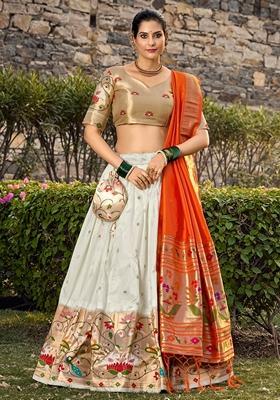White Zari Woven Jacquard Lehenga Set