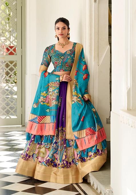 Purple Kalamkari Print Dola Silk Lehenga Set