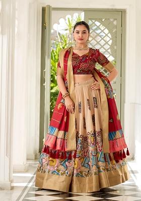 Cream Kalamkari Print Dola Silk Lehenga Set