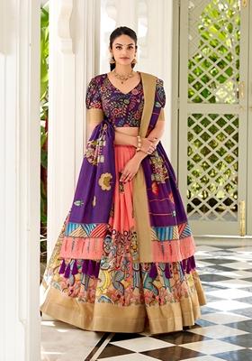 Peach Kalamkari Print Dola Silk Lehenga Set