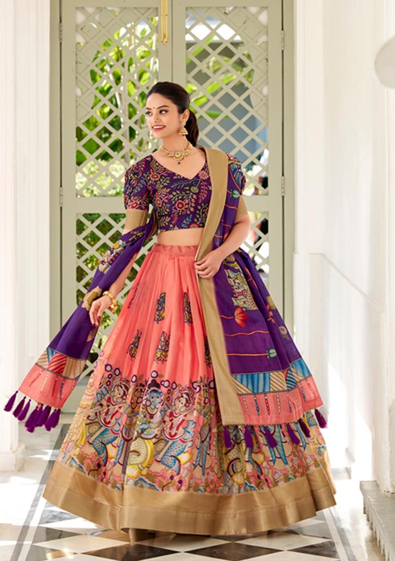 Peach Kalamkari Print Dola Silk Lehenga Set