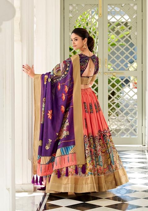 Peach Kalamkari Print Dola Silk Lehenga Set