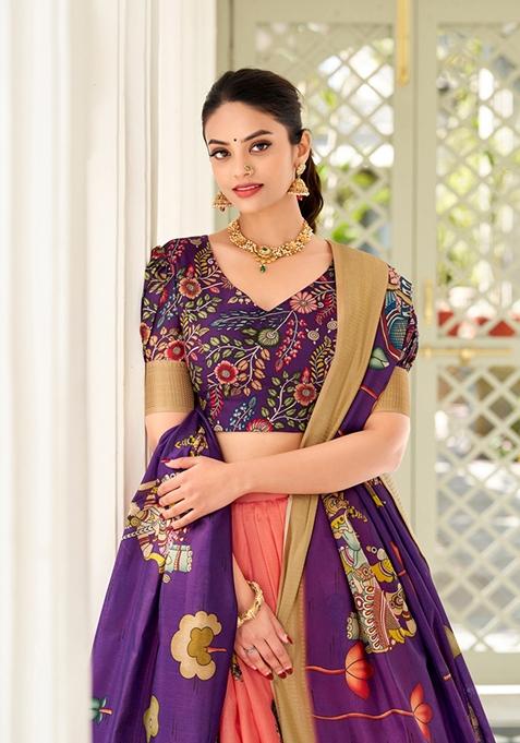 Peach Kalamkari Print Dola Silk Lehenga Set