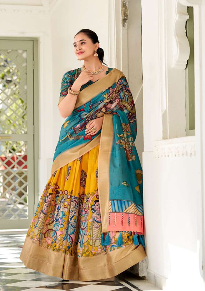 Yellow Kalamkari Print Dola Silk Lehenga Set - Indya
