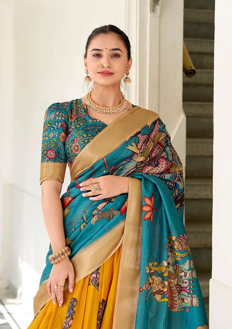 Yellow Kalamkari Print Dola Silk Lehenga Set - Indya