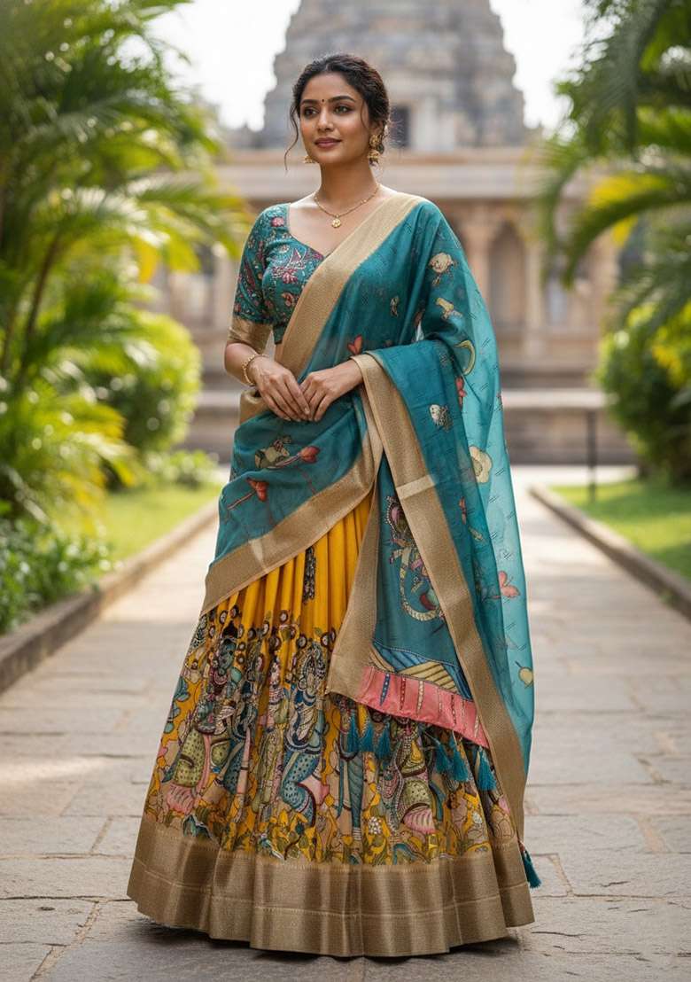 Yellow Kalamkari Print Dola Silk Lehenga Set - Indya
