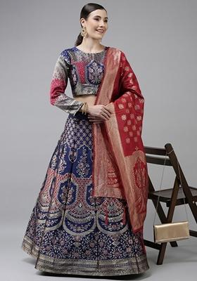 Blue Jacquard Work Banarasi Silk Jacquard Lehenga Set