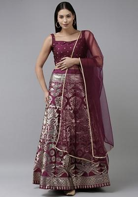 Brown Jacquard Work Banarasi Silk Jacquard Lehenga Set