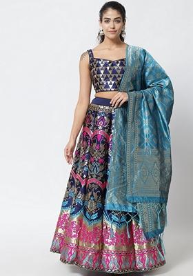 Blue Jacquard Work Banarasi Silk Jacquard Lehenga Set