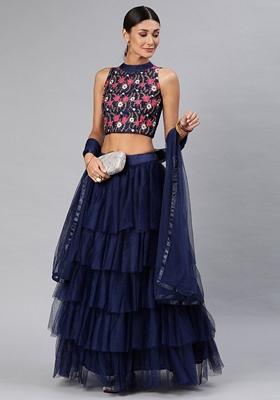 Blue Solid Net Lehenga Set