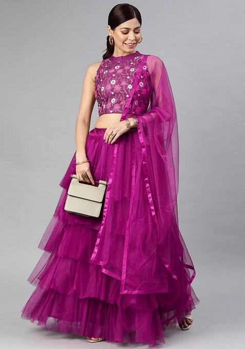 Pink Solid Net Lehenga Set