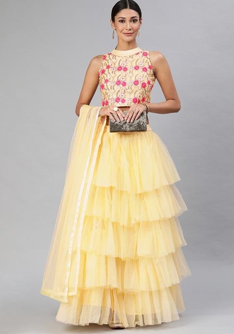 Yellow Solid Net Lehenga Set