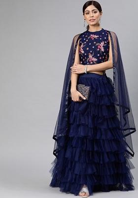 Blue Solid Net Lehenga Set