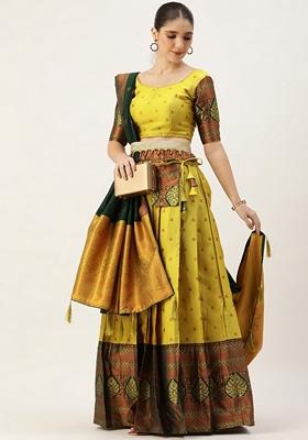Yellow Jacquard Work Lichi Silk Lehenga Set