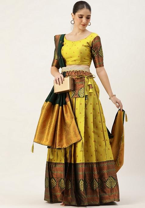 Yellow Jacquard Work Lichi Silk Lehenga Set