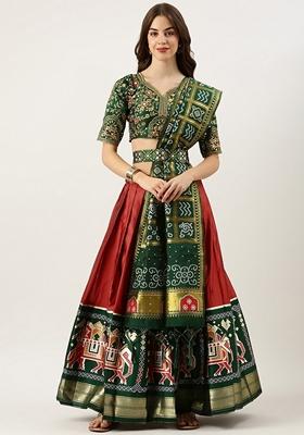 Red Jacquard Woven Lichi Silk Lehenga Set