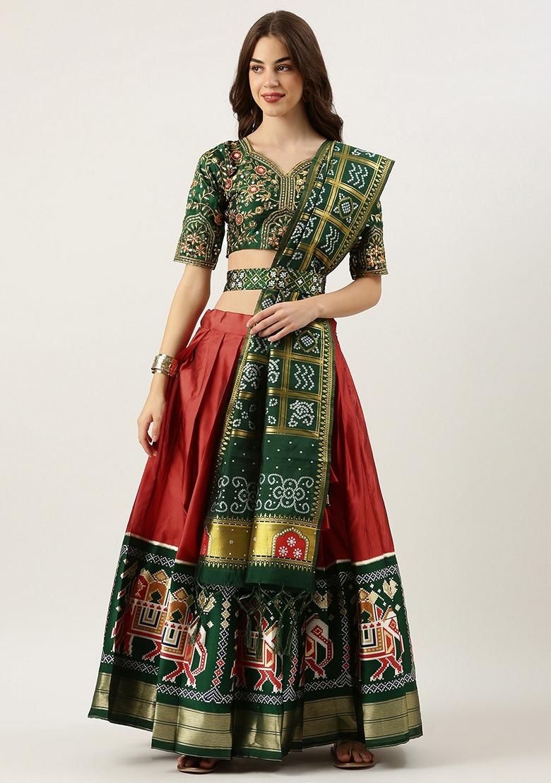 Red Jacquard Woven Lichi Silk Lehenga Set