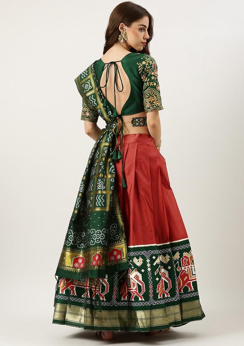 Red Jacquard Woven Lichi Silk Lehenga Set