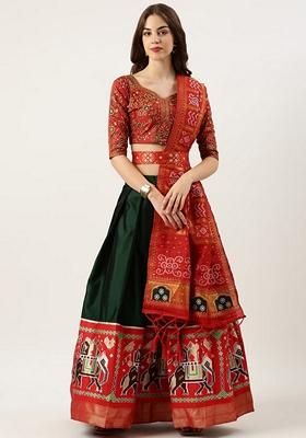 Green Jacquard Woven Lichi Silk Lehenga Set