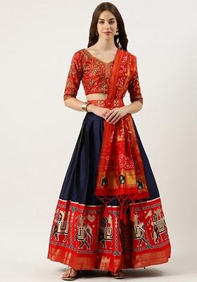 Blue Jacquard Woven Lichi Silk Lehenga Set