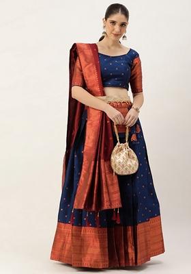 Blue Jacquard Work Lichi Silk Lehenga Set