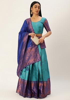 Blue Jacquard Work Lichi Silk Lehenga Set
