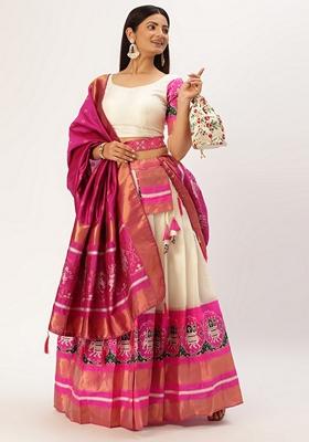 White Jacquard Woven Lichi Silk Lehenga Set