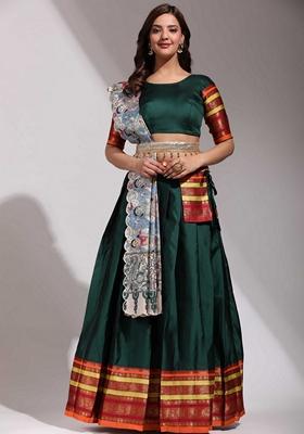 Green Jacquard Work Lichi Silk Lehenga Set