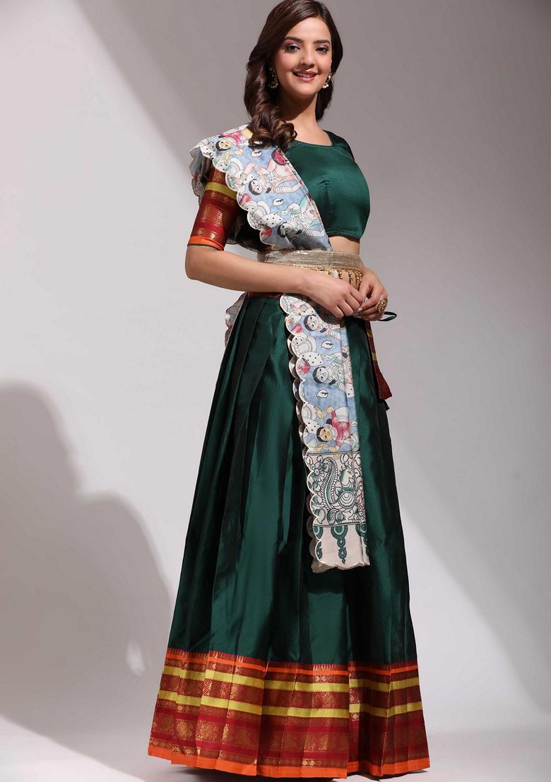 Green Jacquard Work Lichi Silk Lehenga Set