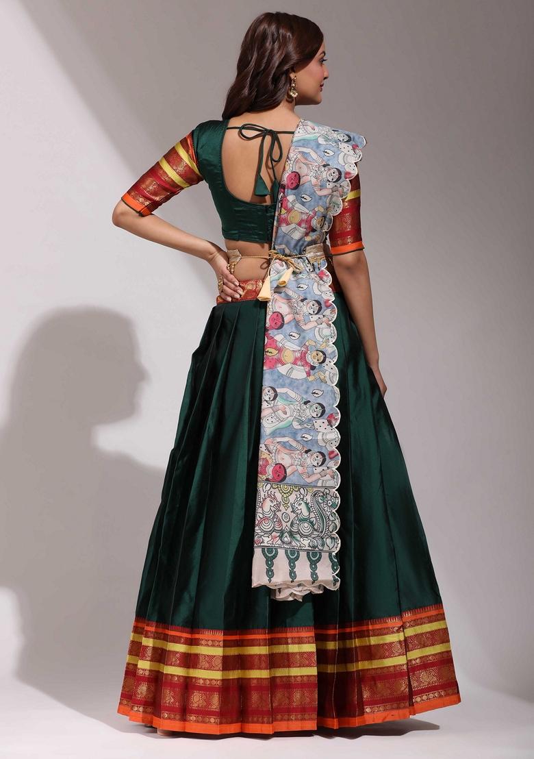 Green Jacquard Work Lichi Silk Lehenga Set