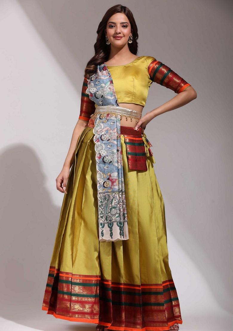 Yellow Jacquard Work Lichi Silk Lehenga Set