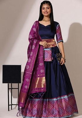 Blue Jacquard Work Lichi Silk Lehenga Set