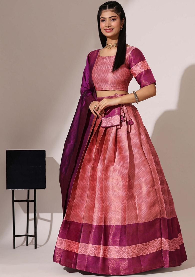 Pink Jacquard Work Lichi Silk Lehenga Set