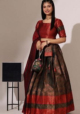 Red Jacquard Work Lichi Silk Lehenga Set