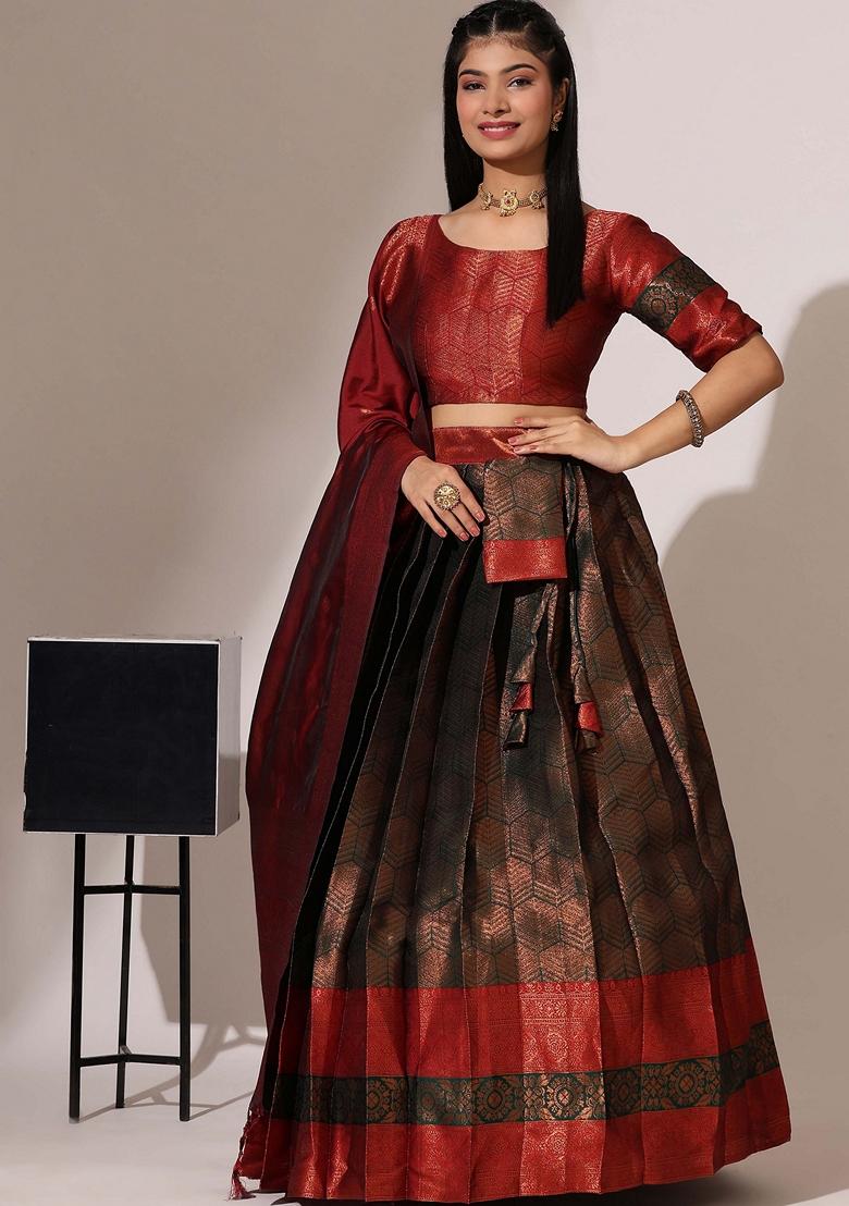 Red Jacquard Work Lichi Silk Lehenga Set