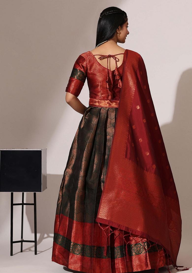 Red Jacquard Work Lichi Silk Lehenga Set