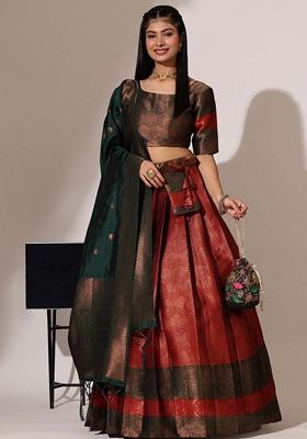 Red Jacquard Work Lichi Silk Lehenga Set
