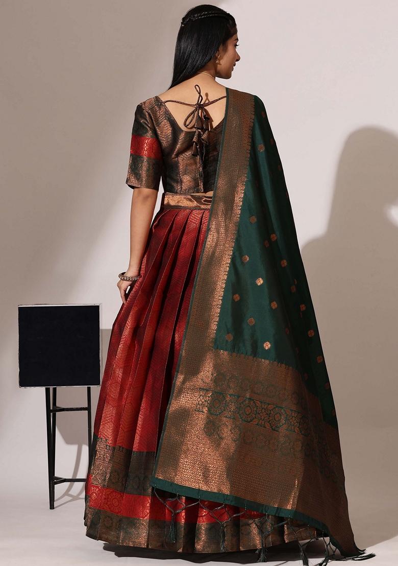 Red Jacquard Work Lichi Silk Lehenga Set