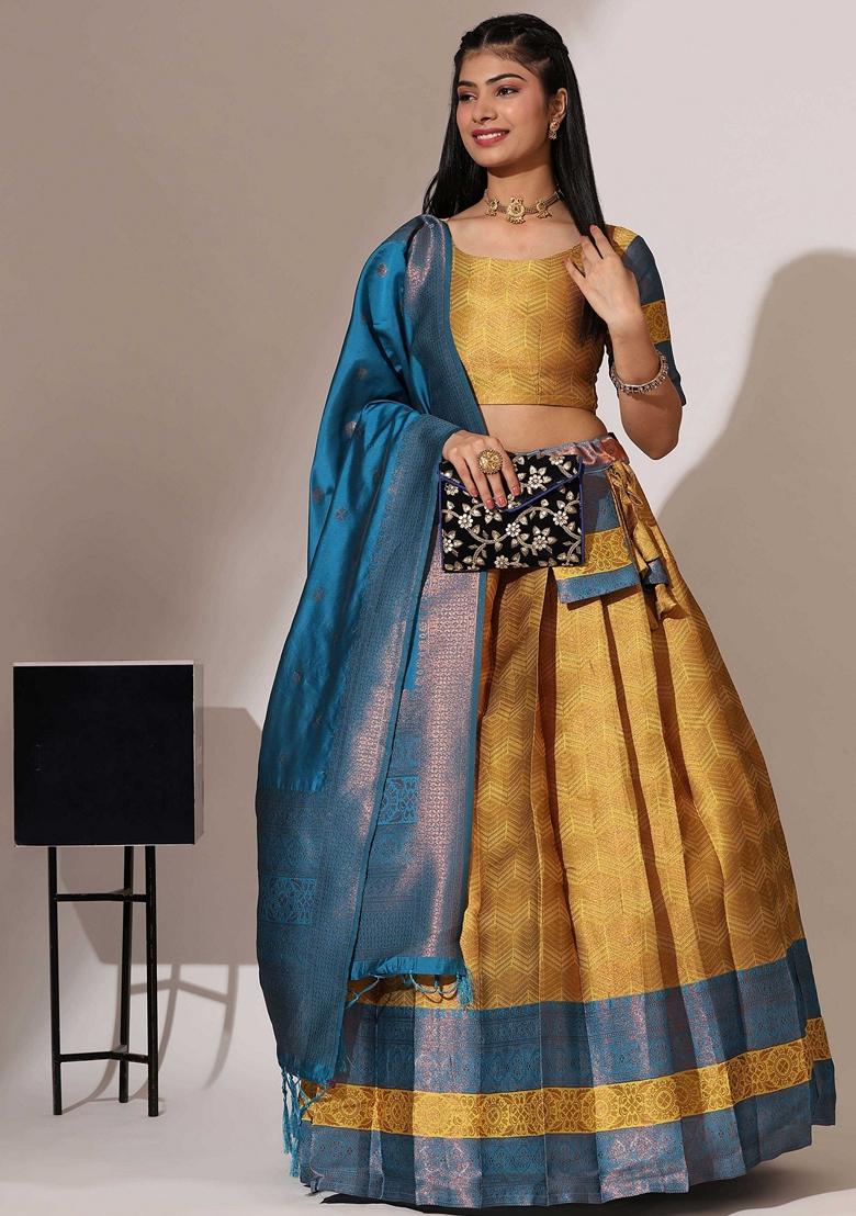 Yellow Jacquard Work Lichi Silk Lehenga Set