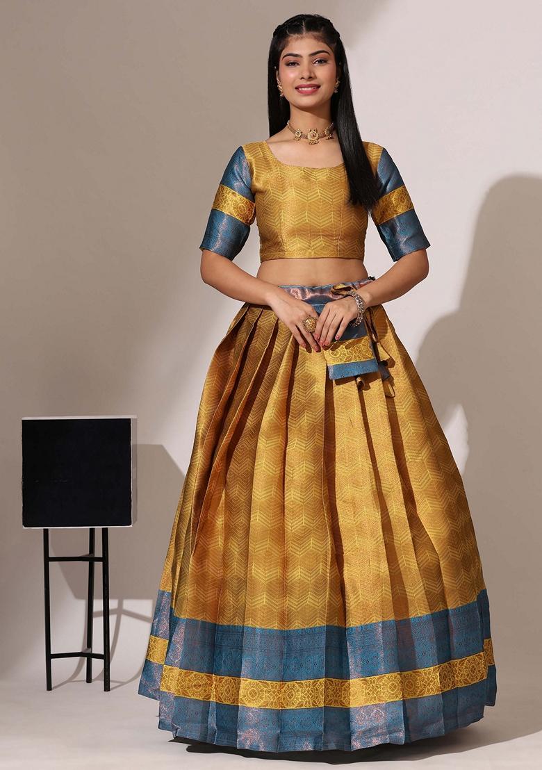 Yellow Jacquard Work Lichi Silk Lehenga Set