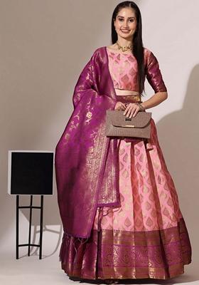 Pink Jacquard Work Lichi Silk Lehenga Set