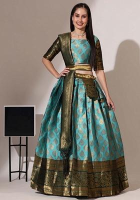 Blue Jacquard Work Lichi Silk Lehenga Set