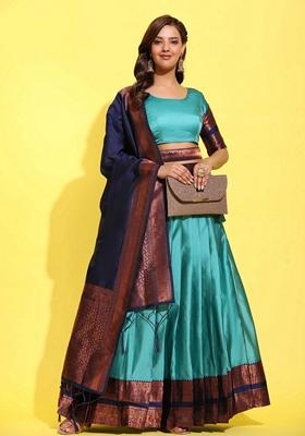 Blue Jacquard Work Lichi Silk Lehenga Set