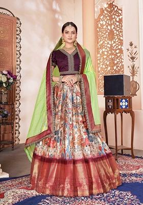 Pink Printed Jacquard Lichi Silk Lehenga Set