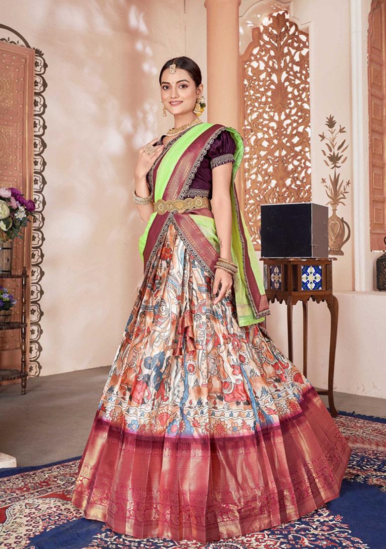 Pink Printed Jacquard Lichi Silk Lehenga Set