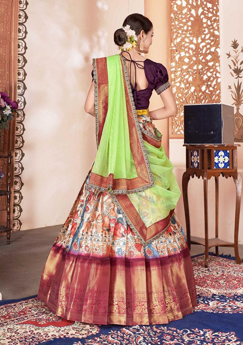 Pink Printed Jacquard Lichi Silk Lehenga Set