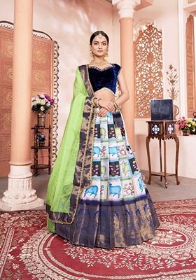 Blue Printed Jacquard Lichi Silk Lehenga Set