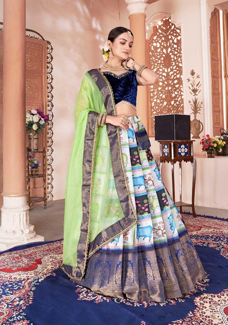 Blue Printed Jacquard Lichi Silk Lehenga Set